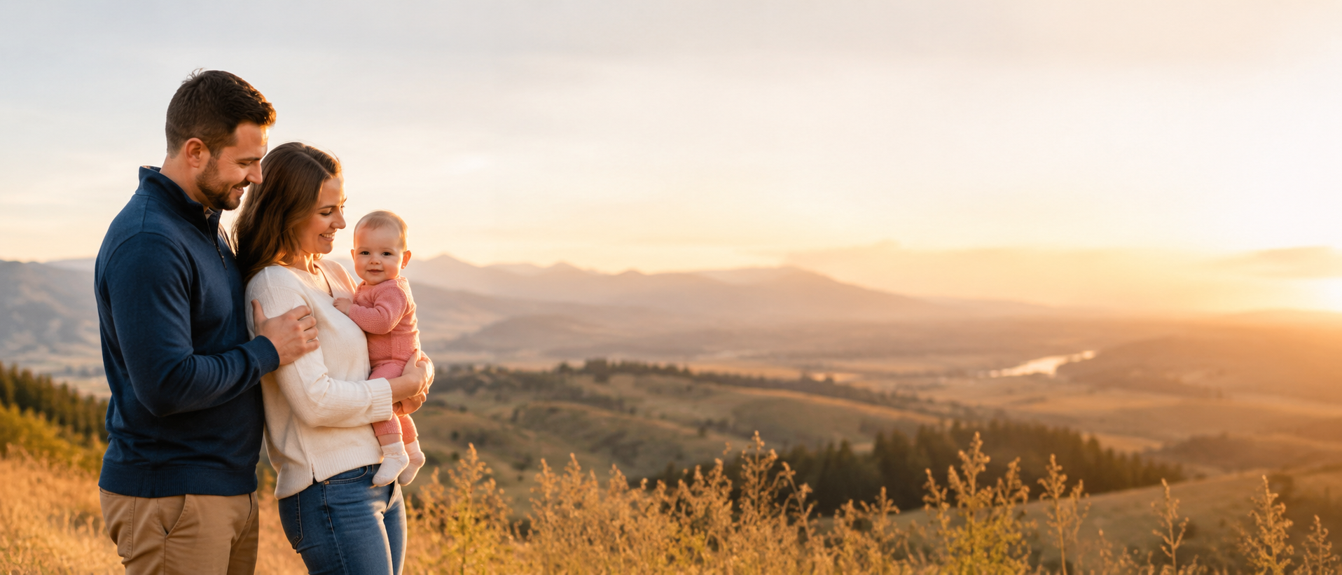 An Idaho family overlooking a valley at sunset